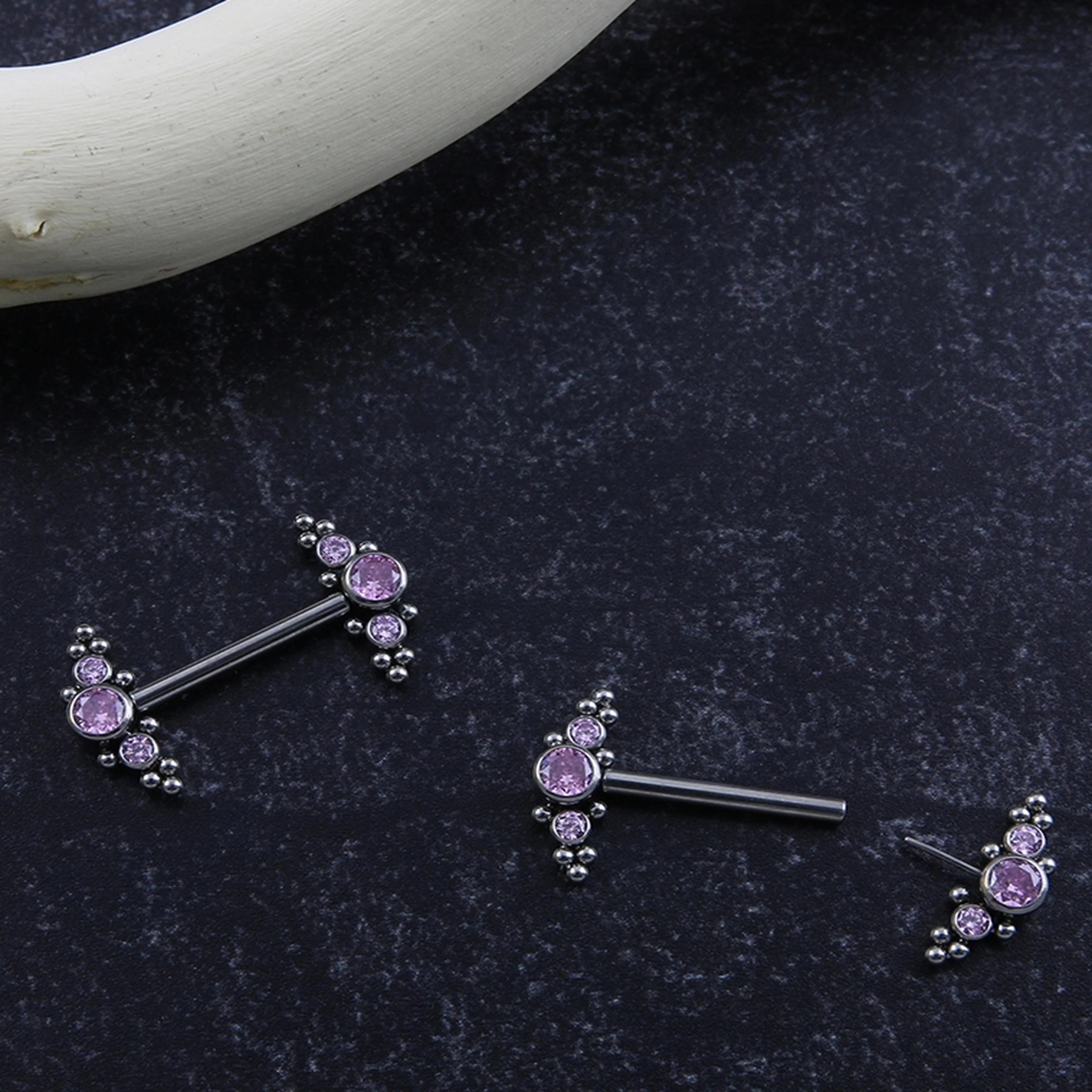14G Beaded Pink CZ Titanium Threadless Nipple Ring Barbells - Image 3