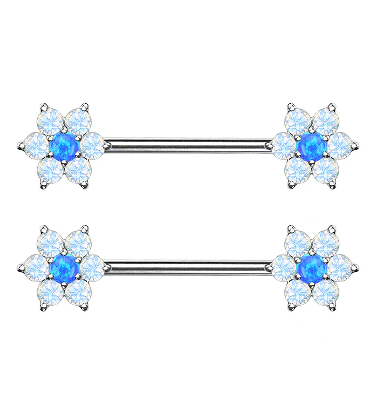 14G Blue & White Opalite Flower Nipple Ring Barbell