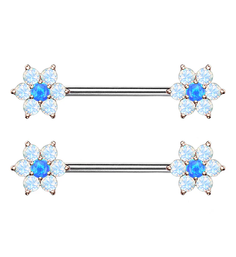 14G Blue & White Opalite Flower Rose Gold Flower Nipple Ring Barbell