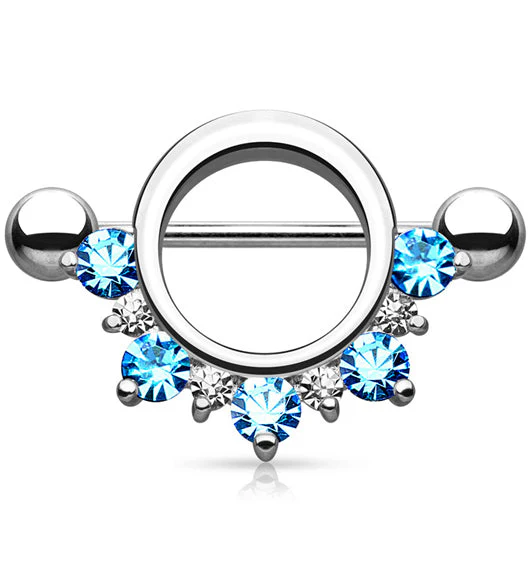 14G Circular Aqua CZ Rim Barbell Nipple Ring Shield