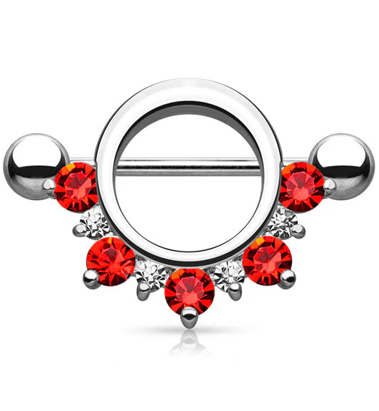 14G Circular Red CZ Rim Barbell Nipple Ring Shield