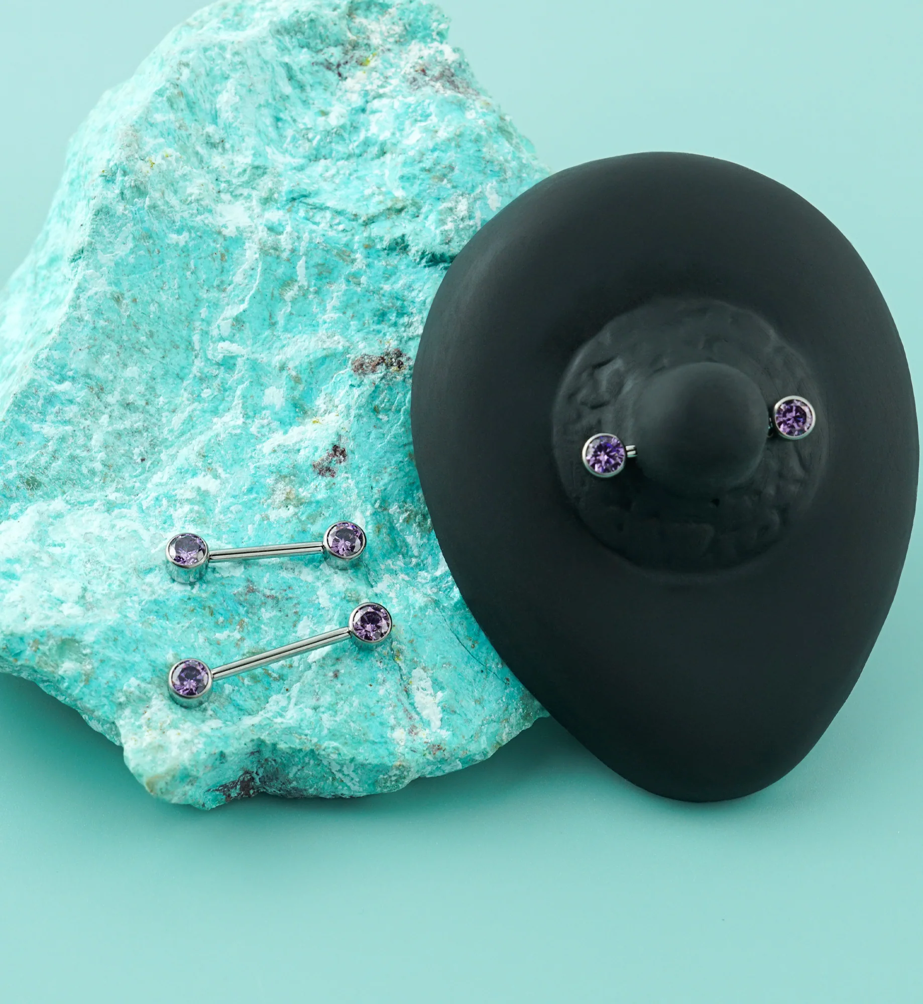 Bezel Set Amethyst CZ Titanium Internally Threaded Nipple Barbells - Image 2