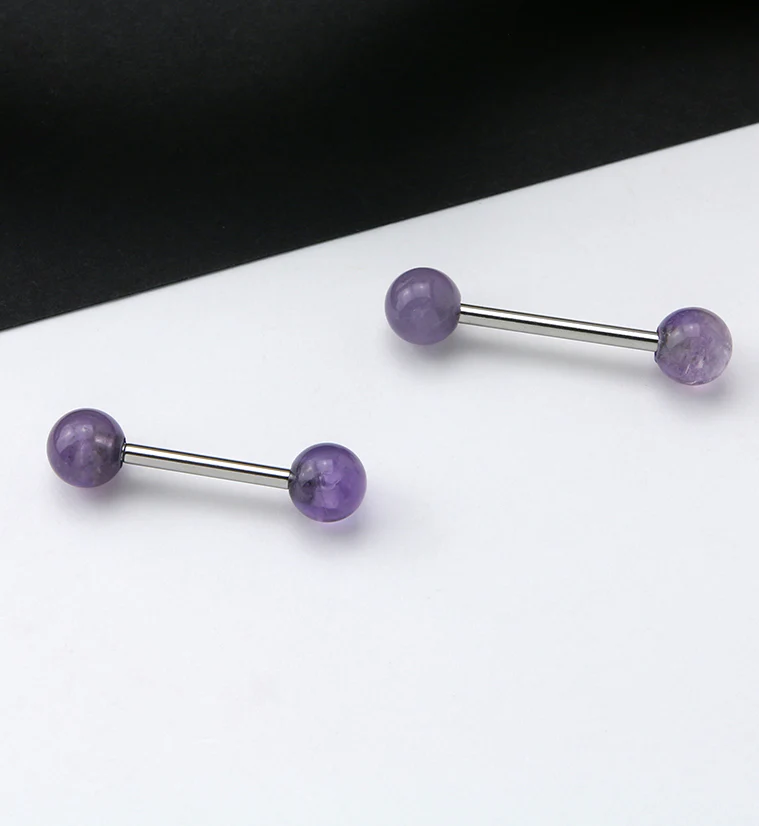 14G Double Amethyst Stone Stainless Steel Barbell - Image 2