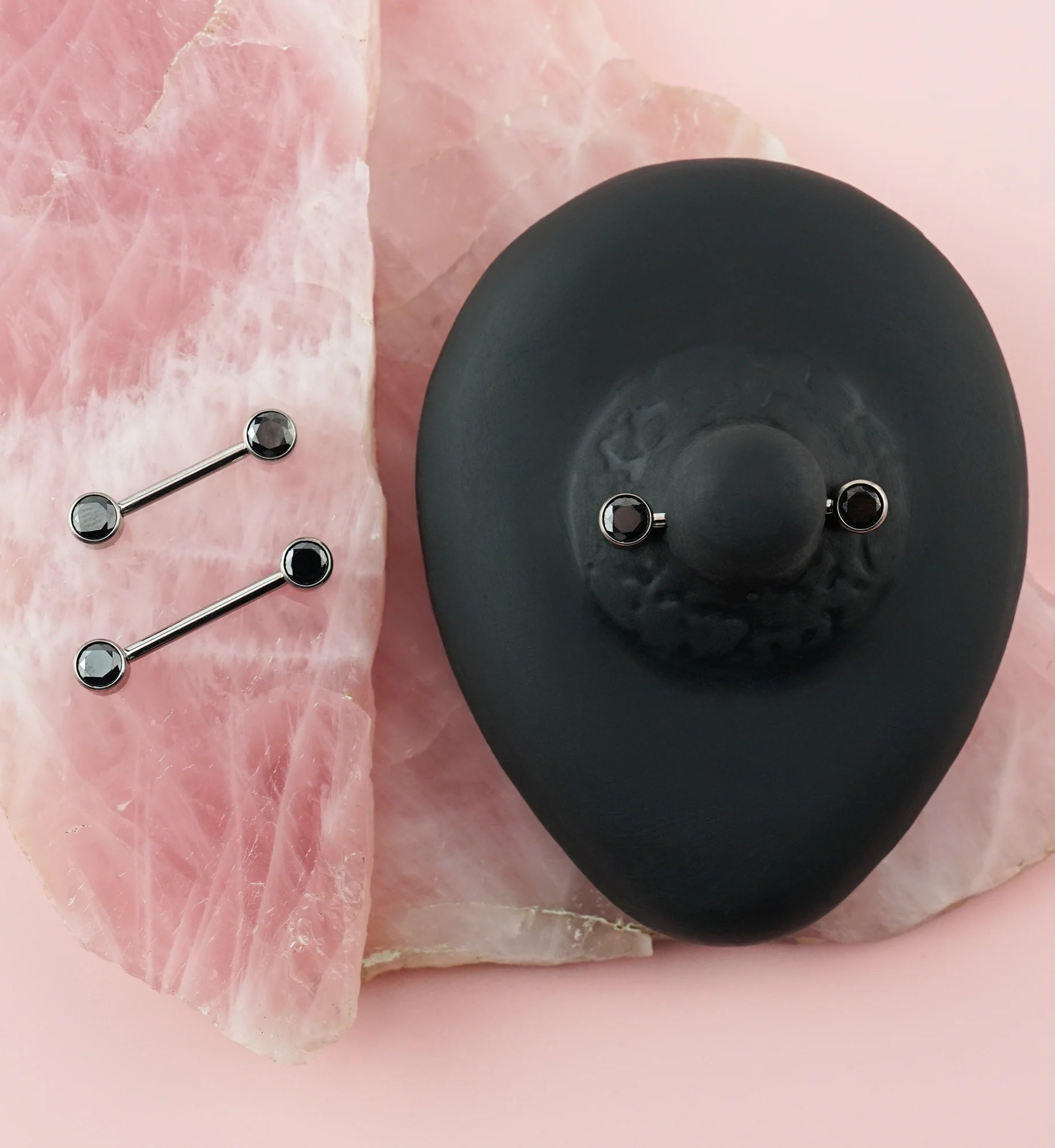 Bezel Set Black CZ Titanium Internally Threaded Nipple Barbells - Image 2
