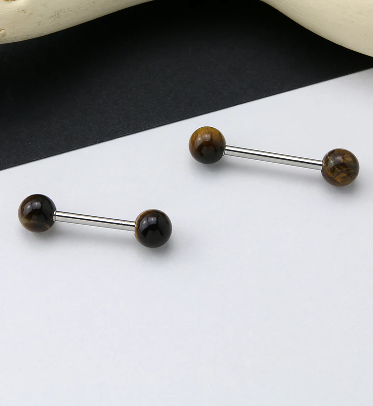 14G Double Tiger Eye Stone Stainless Steel Barbell - Image 2