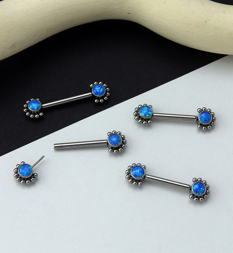 14G Encirc Double Blue Opalite Threadless Titanium Nipple Ring Barbell - Image 2