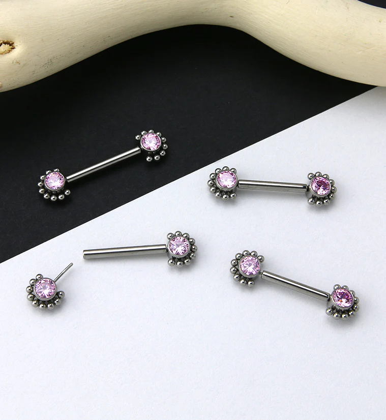 14G Encirc Double Pink CZ Threadless Titanium Nipple Ring Barbell - Image 2