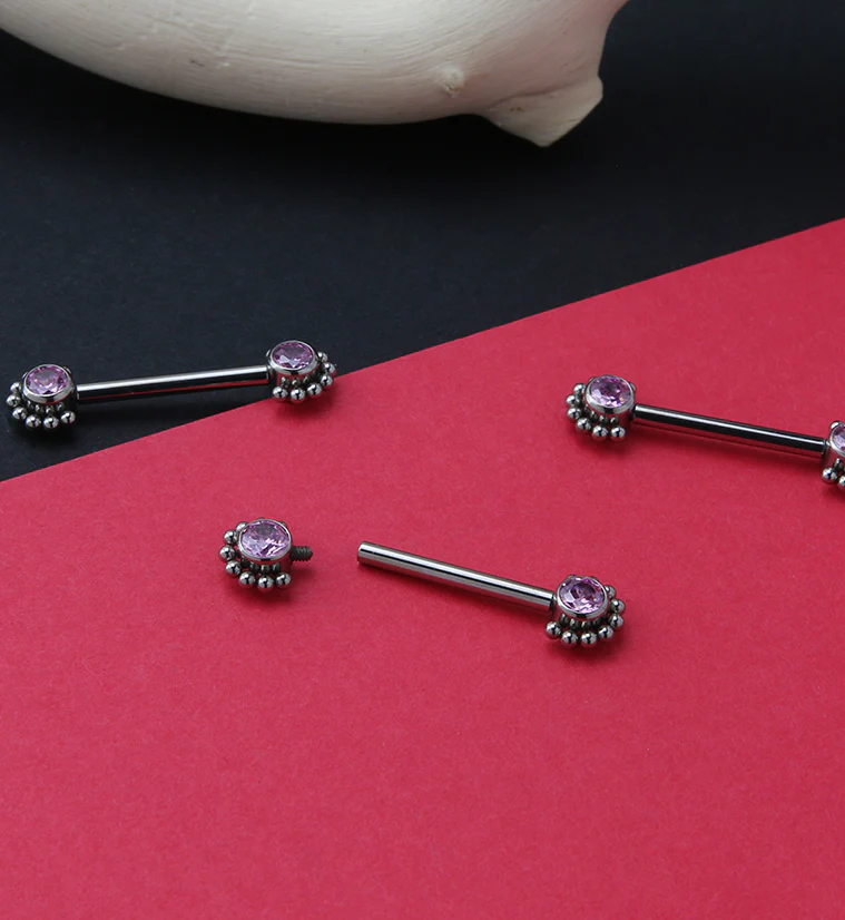 14G Encirc Double Pink CZ Titanium Nipple Ring Barbell - Image 2