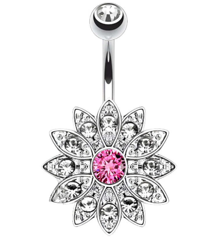 Flower with Pink CZ Gem Belly Button Ring