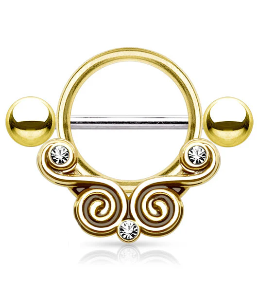 14G Gold Brass Twirl Filigree Barbell Nipple Ring Shield