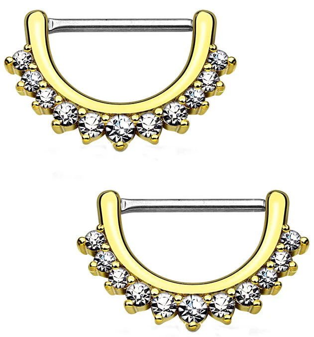 14G Gold Plated Cubic Zirconia Rim Brass Nipple Clicker Ring