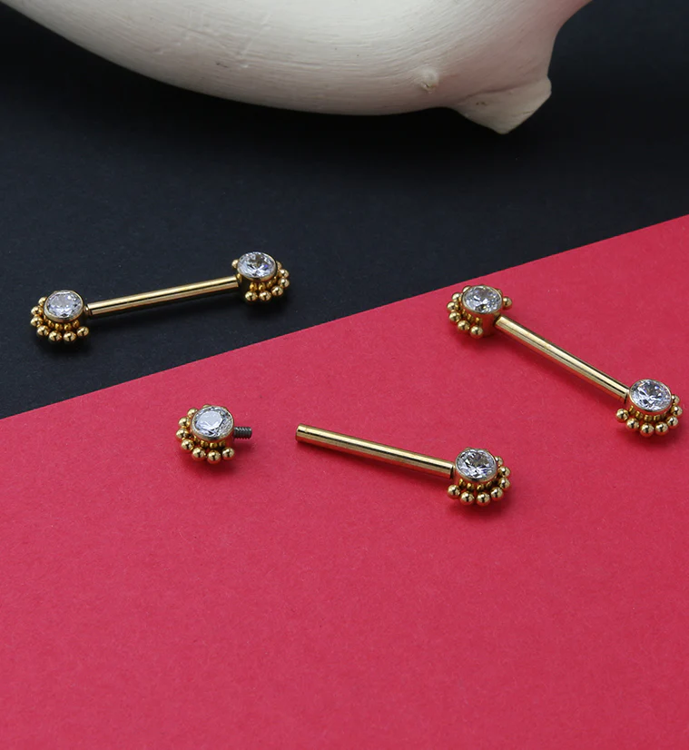 14G Gold PVD Encirc Double CZ Titanium Nipple Ring Barbell - Image 2