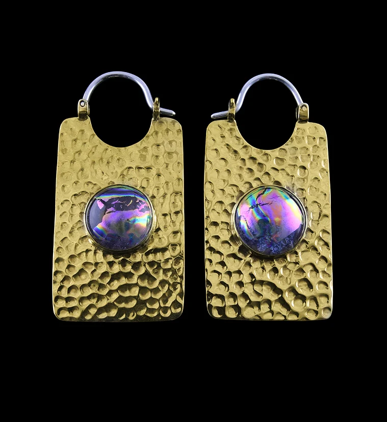14G Lateral Purple Dichroic Glass Brass Hangers - Earrings