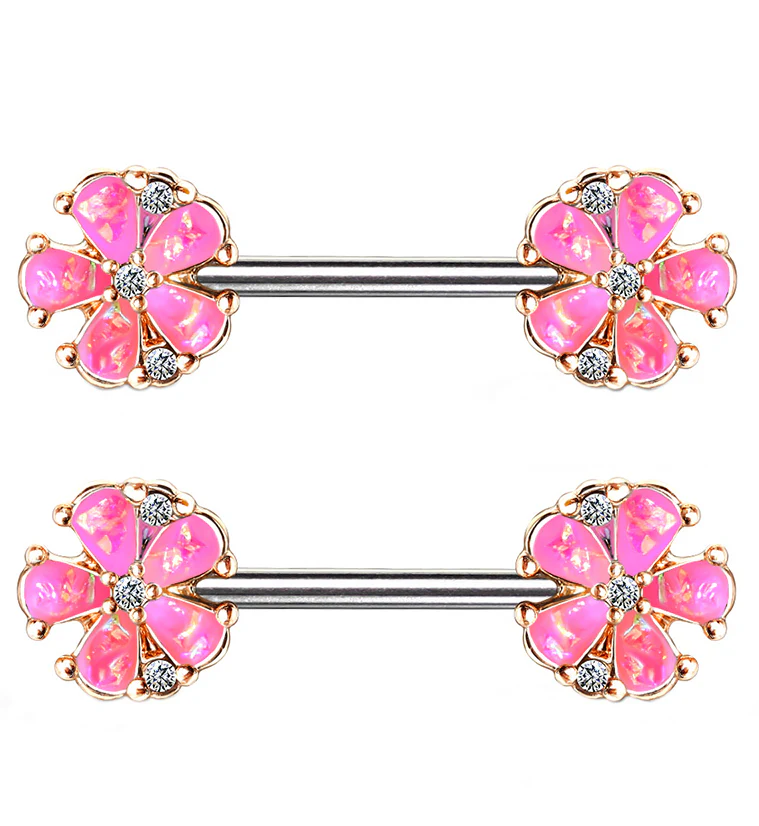 14G Pink Opalescent Glitter Petal Nipple Ring Barbell