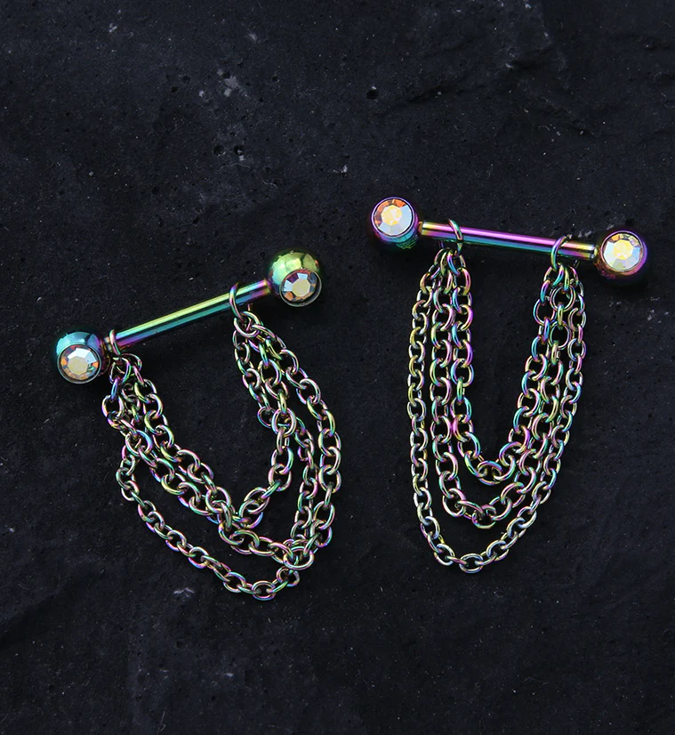 14G Rainbow PVD Rainbow Aurora CZ Chained Nipple Rings Barbell - Image 2