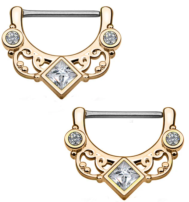 14G Rose Gold Plated Swirly Lace CZ Gem Brass Nipple Clicker Ring