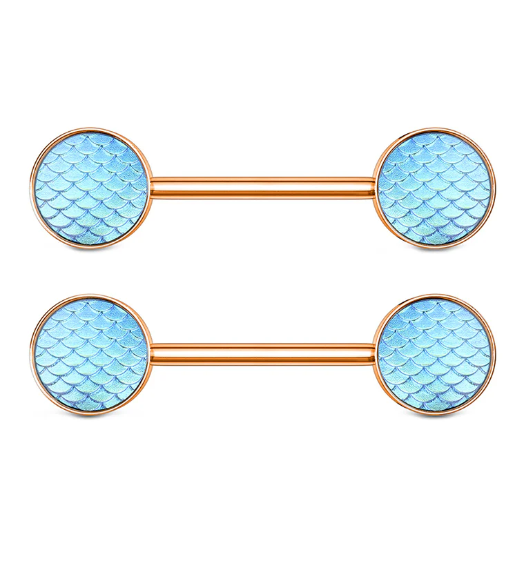 14G Rose Gold PVD Aqua Mermaid Scale Nipple Ring Barbell