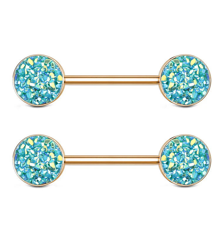 14G Rose Gold PVD Green Druzy Nipple Ring Barbell
