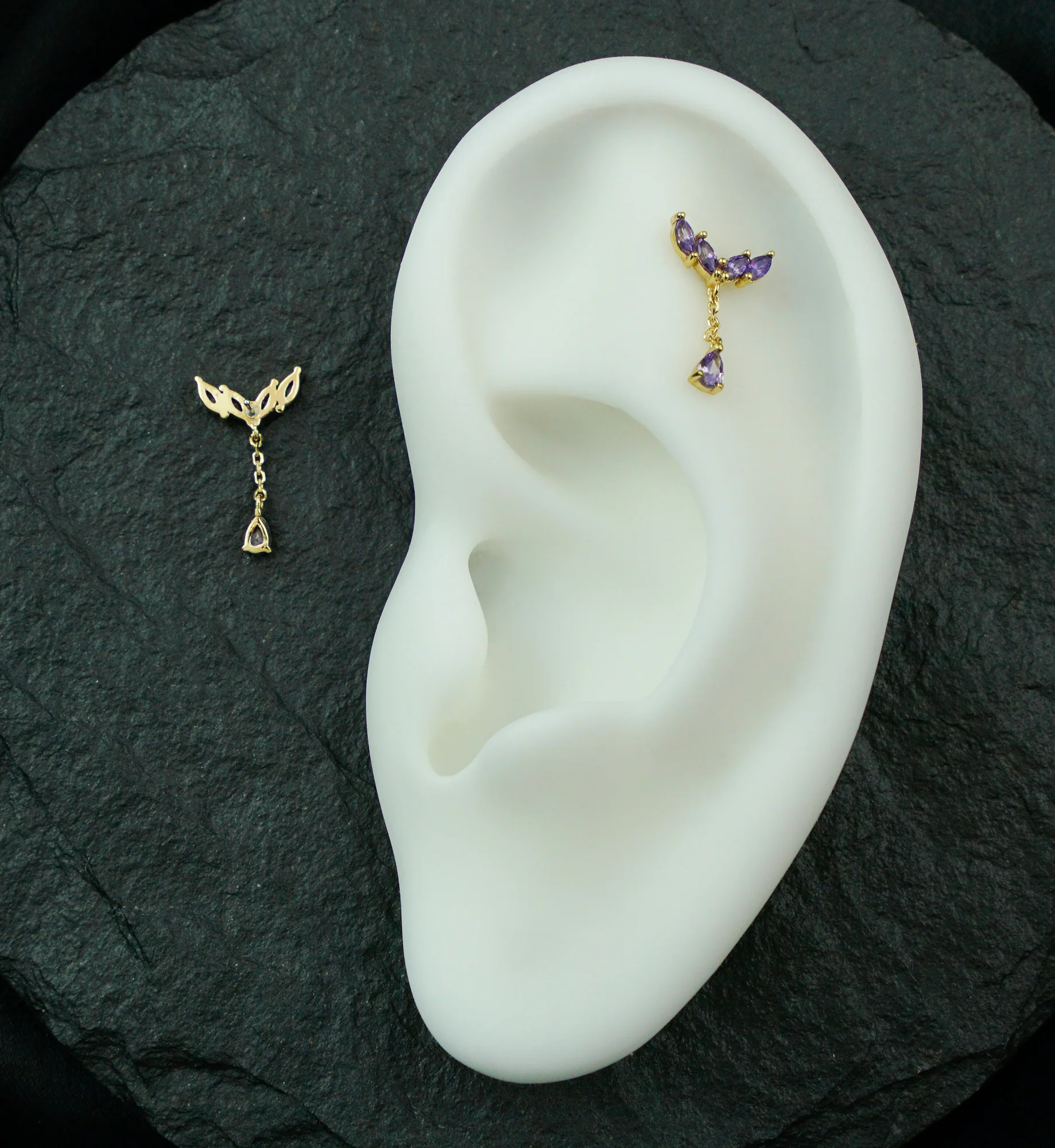 14kt Gold Arrow Marquise Amethyst CZ Dangle Threadless Top - Image 2