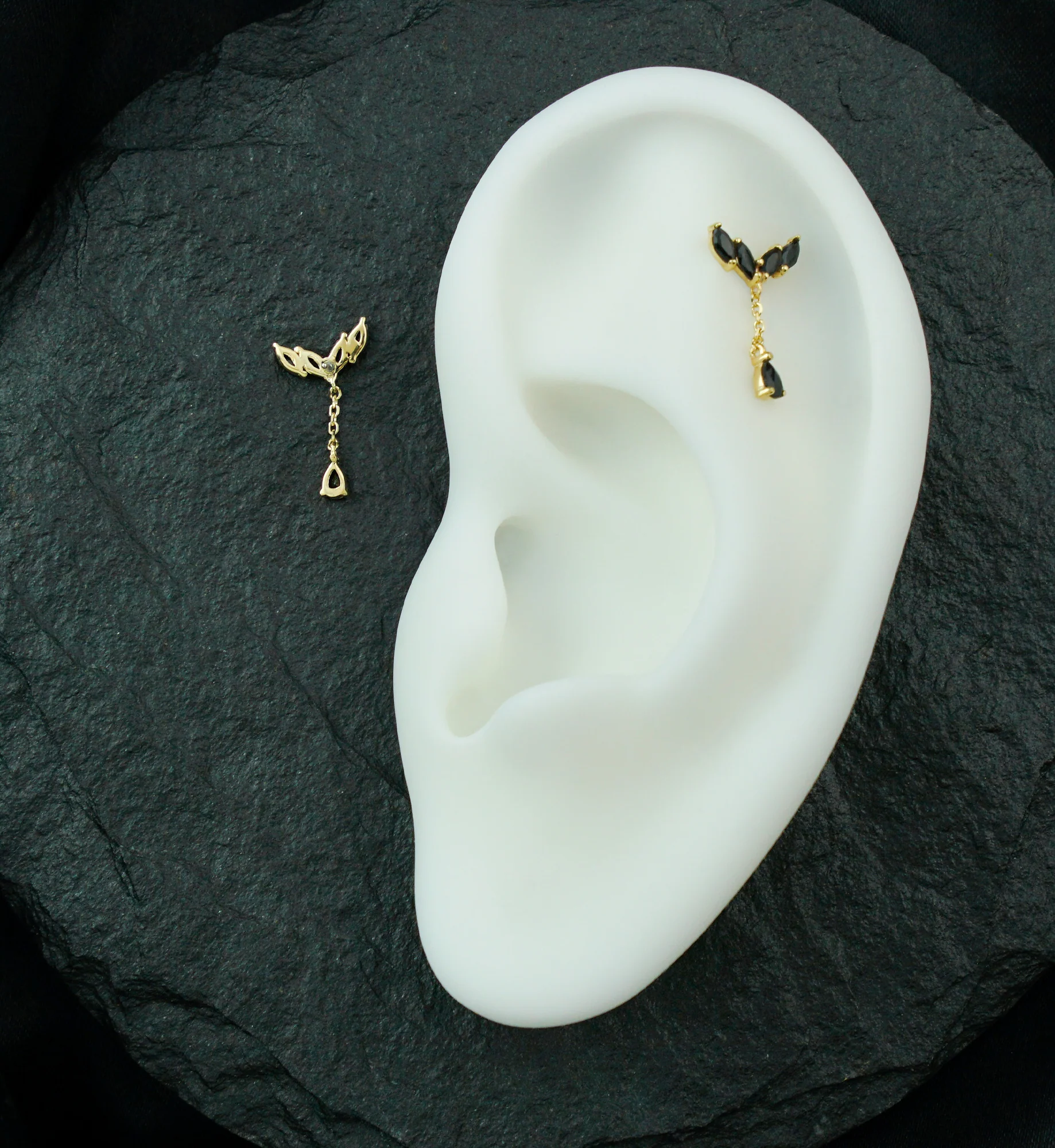 14kt Gold Arrow Marquise Black CZ Dangle Threadless Top - Image 2