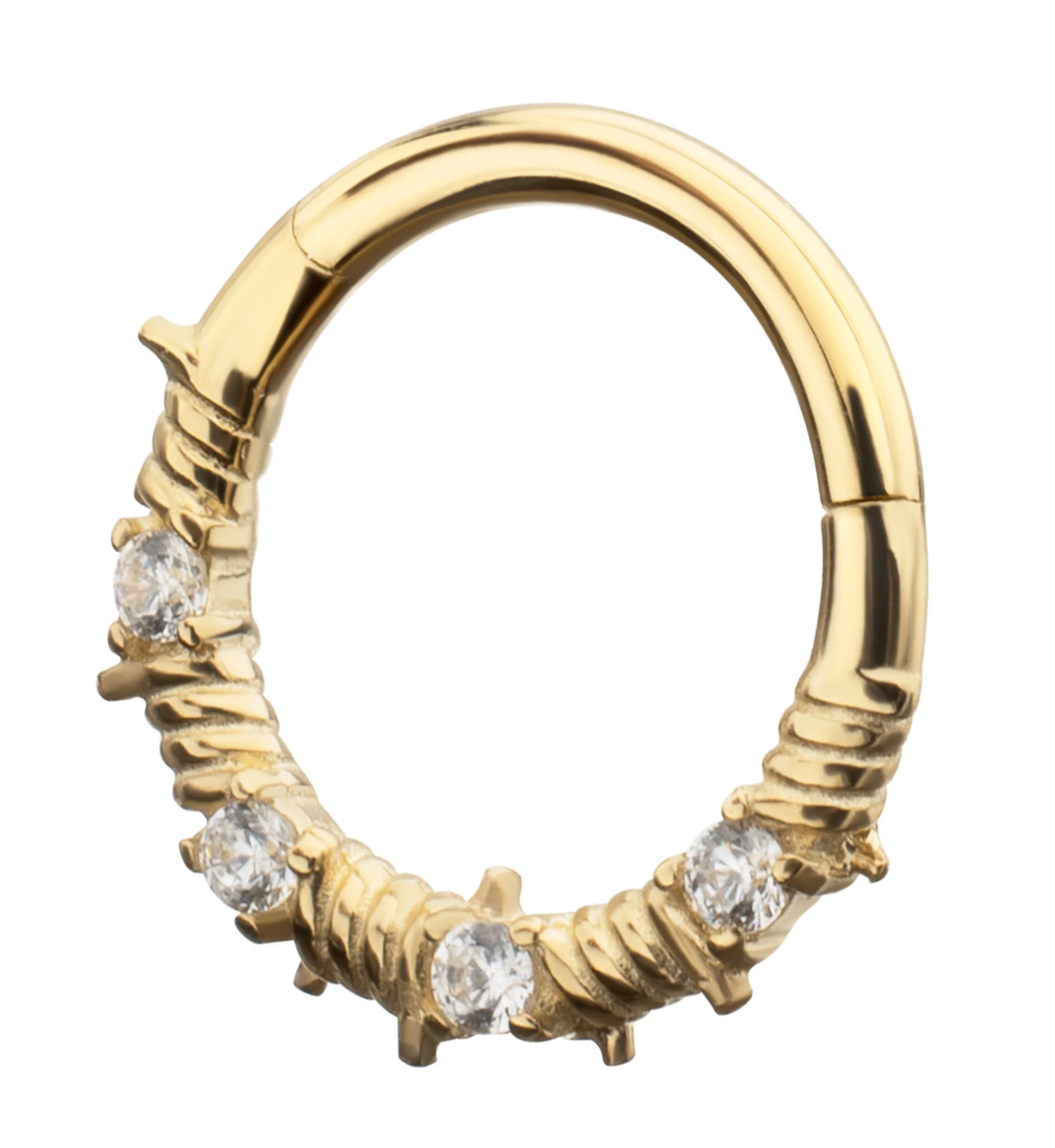 14kt Gold Barbed Wire Clear CZ Hinged Segment Ring - Image 3