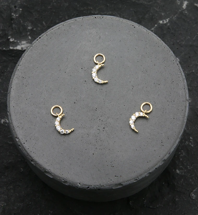 14kt Gold Beaded Crescent Moon Clear CZ Charm - Image 2