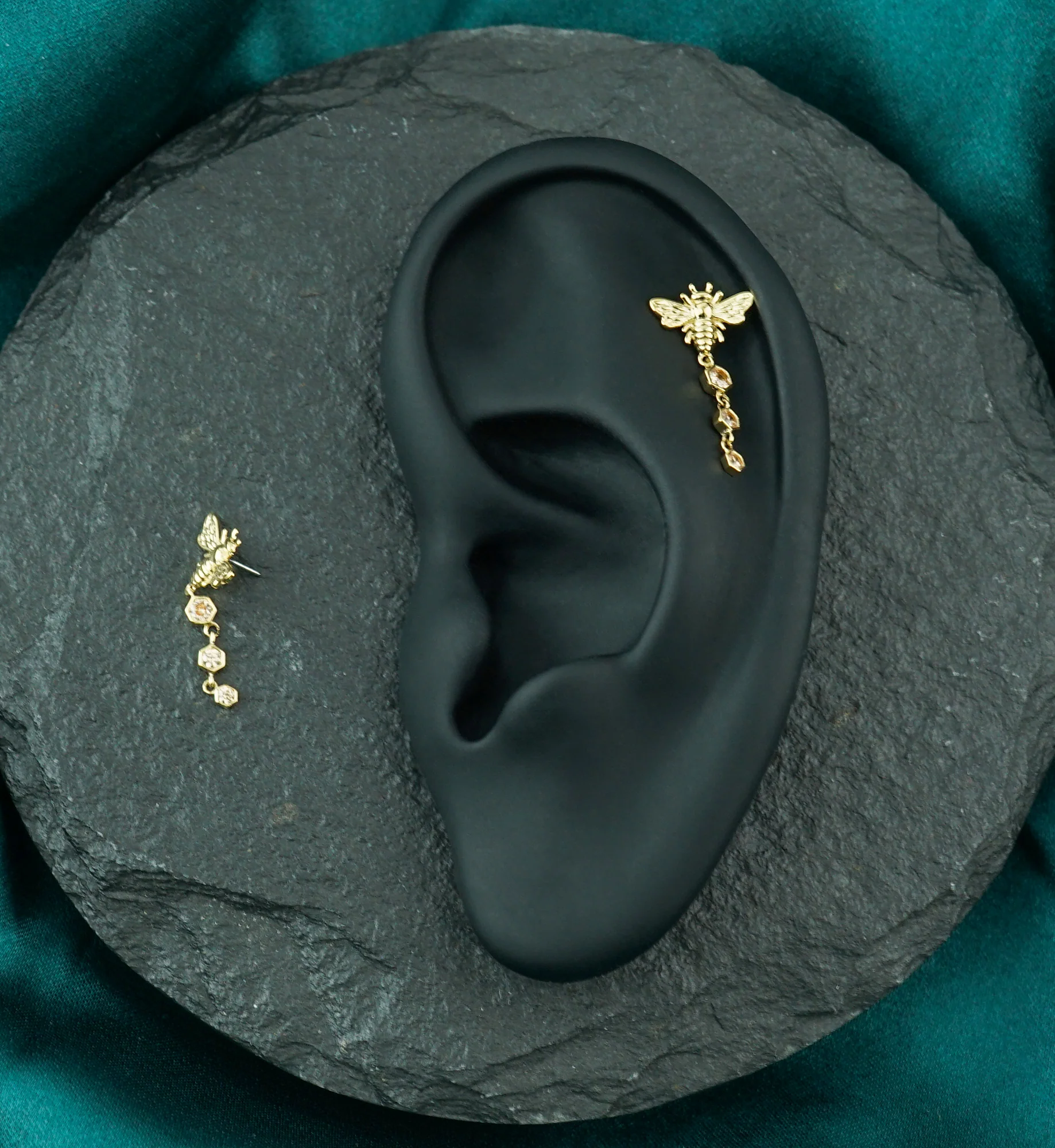 14kt Gold Bee Hex Dangle Champagne CZ Threadless Top - Image 2