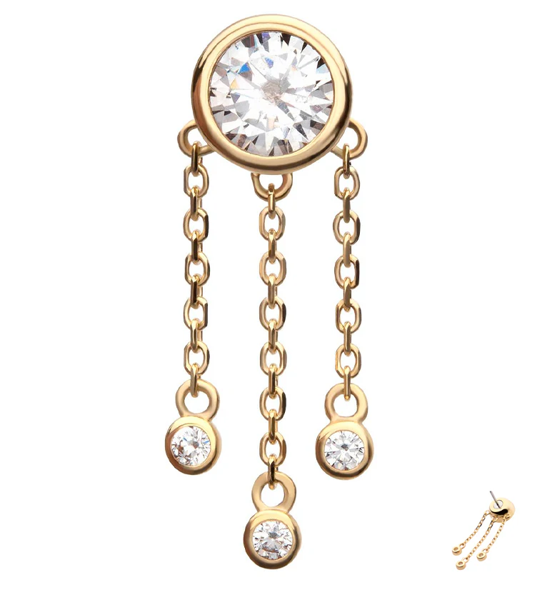 14kt Gold Bezel Clear CZ Triple Dangle Chains Threadless Top