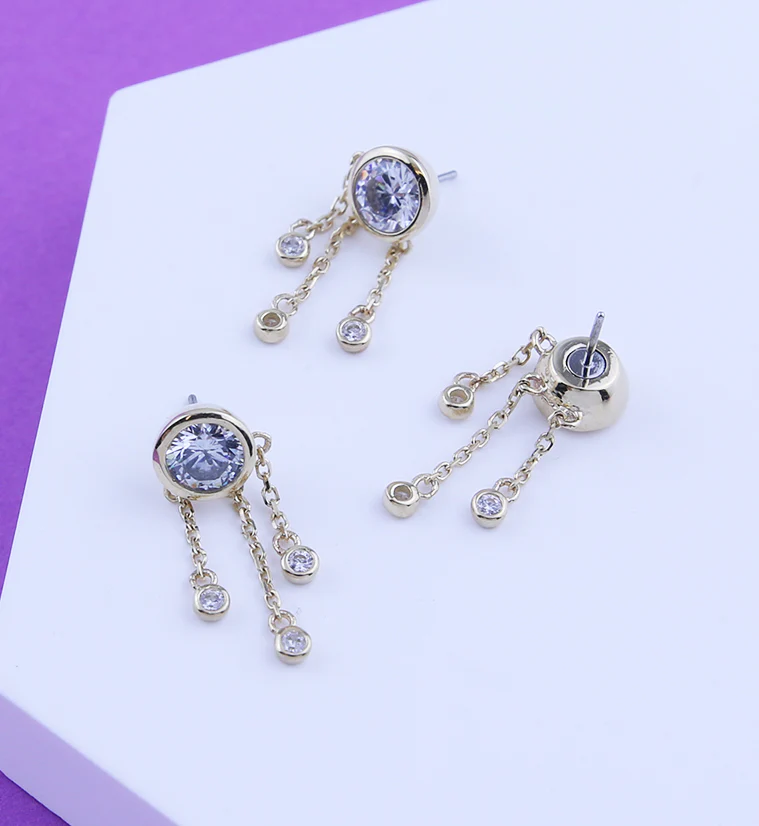14kt Gold Bezel Clear CZ Triple Dangle Chains Threadless Top - Image 2