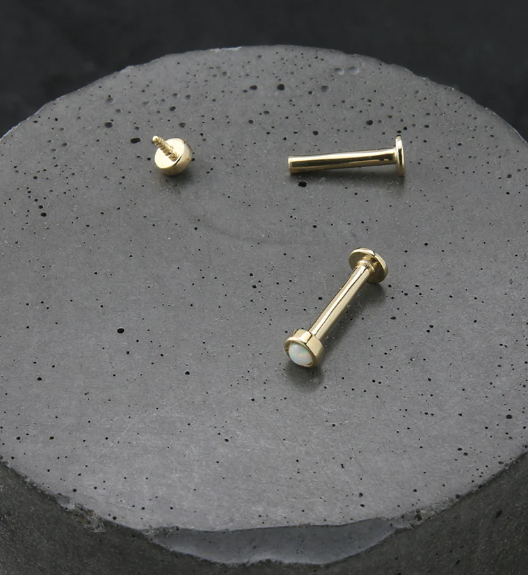 14kt Gold Bezel White Opalite Internally Threaded Labret - Image 2
