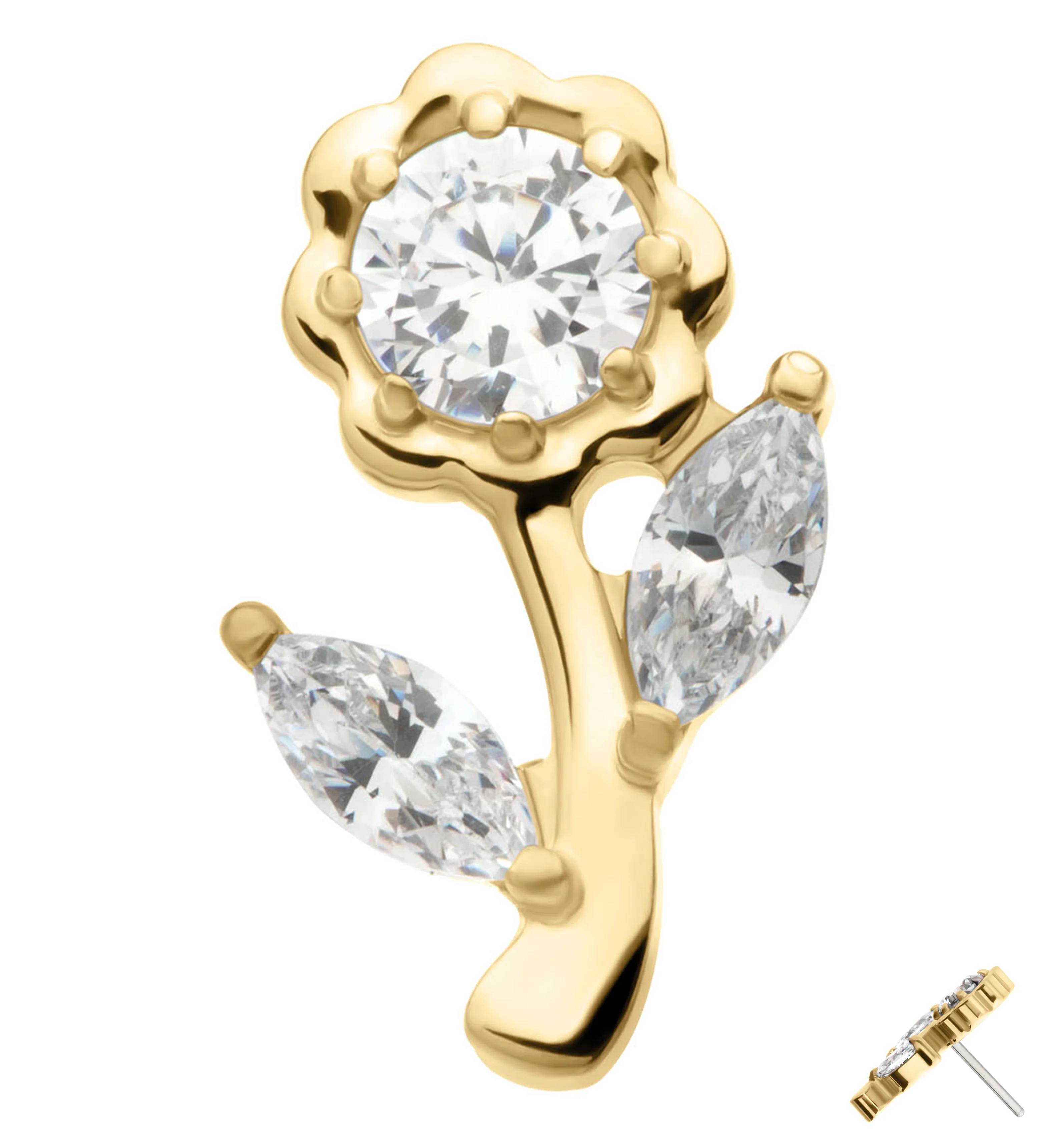14kt Gold Blooming Rose Clear CZ Threadless Top