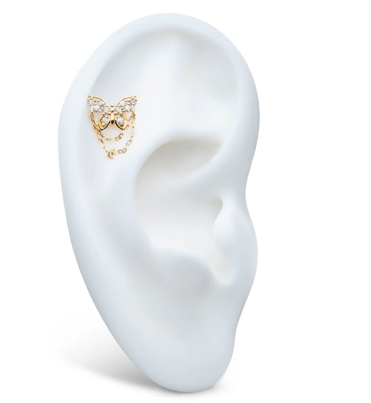 14kt Gold Butterfly Clear CZ Dangle Chain Threadless Top - Image 3