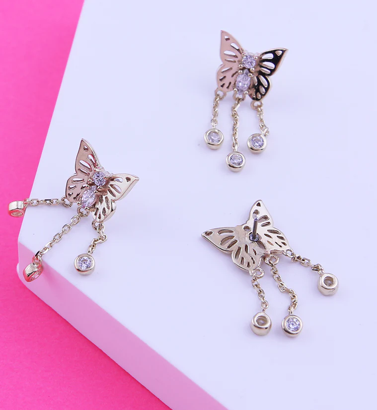 14kt Gold Butterfly Clear CZ Triple Dangle Chains Threadless Top - Image 2