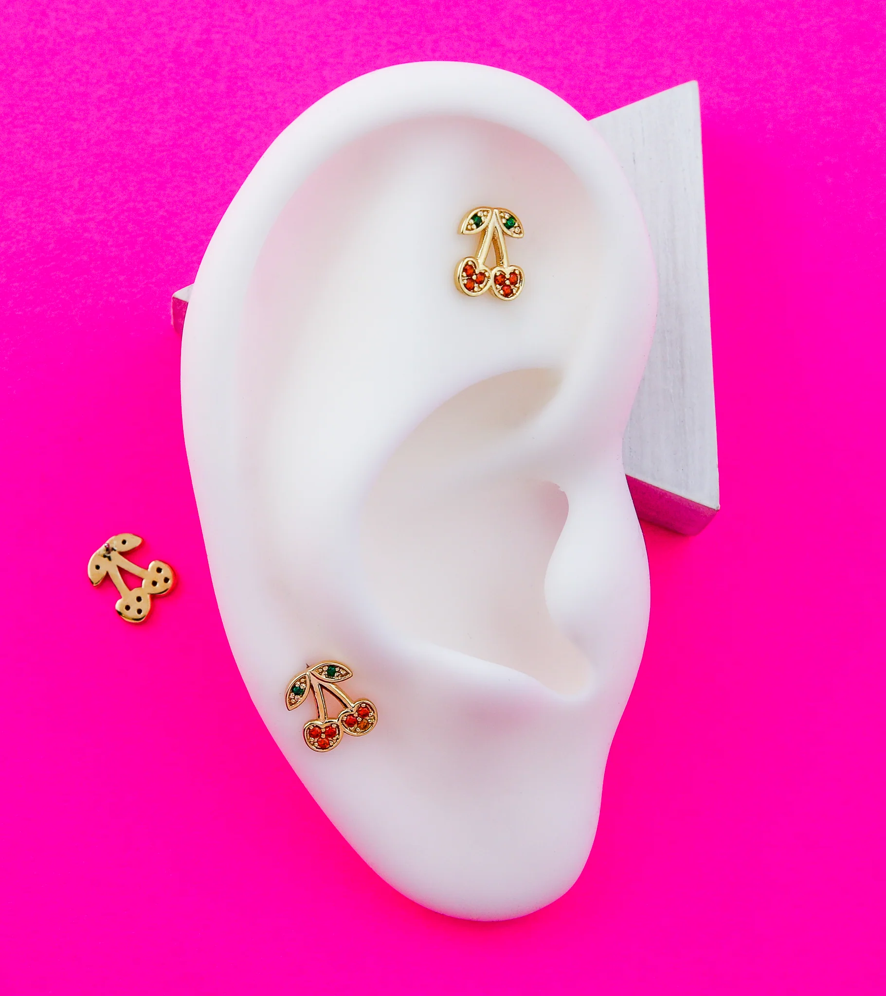 14kt Gold Cherries Red CZ Threadless Top - Image 2