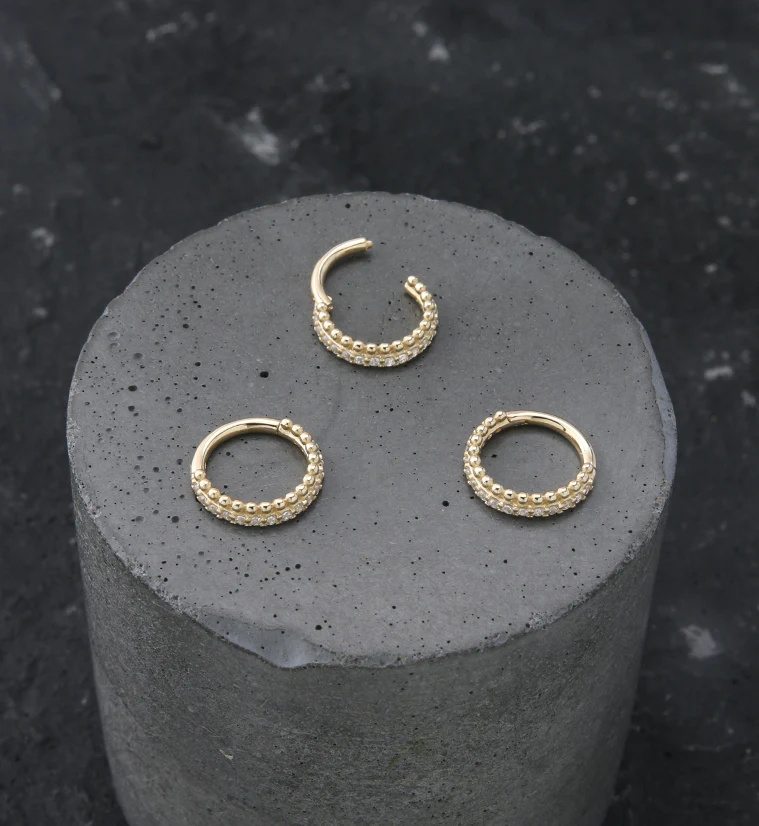14kt Gold Clear CZ Beaded Hinged Segment Ring - Image 2