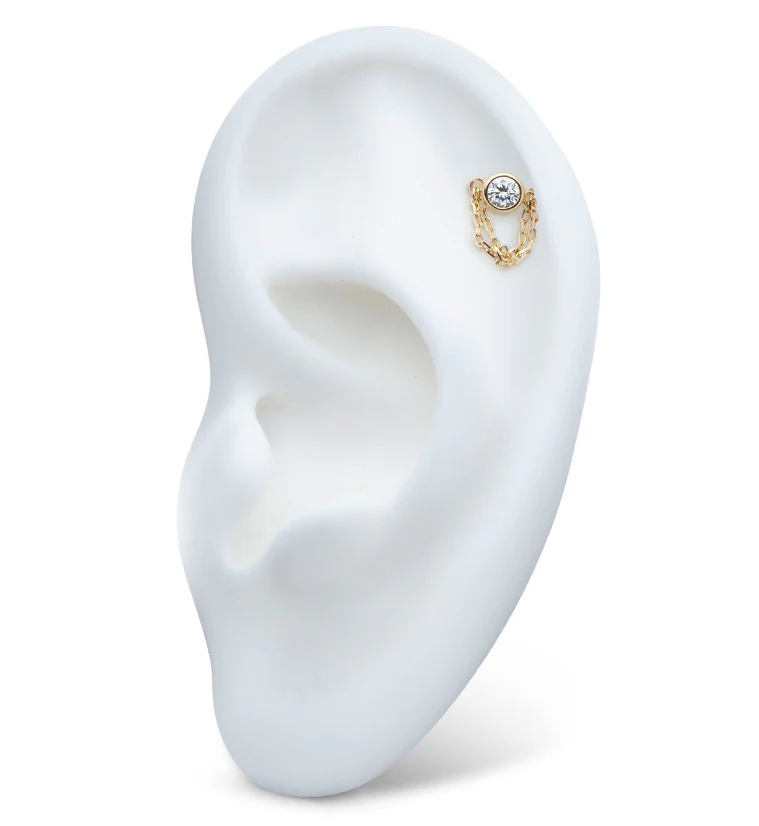 14kt Gold Clear CZ Double Dangle Chain Threadless Top - Image 3