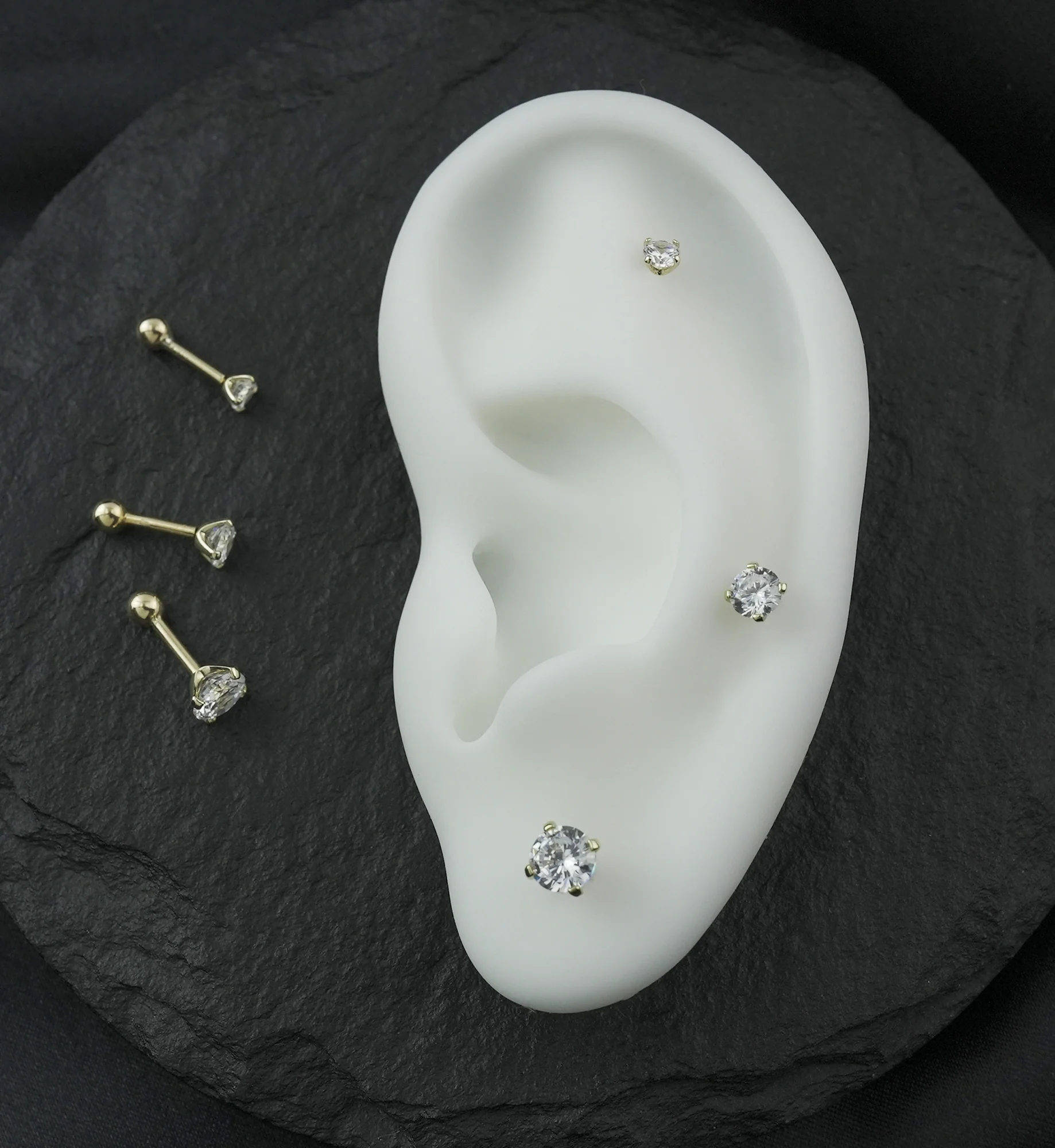 14kt Gold Clear CZ Threadless Cartilage Barbell - Image 2