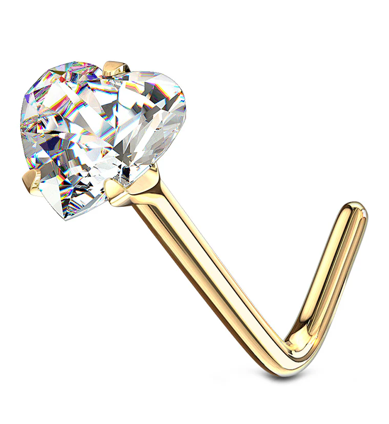 14kt Gold Clear Heart CZ L Bend Nose Ring