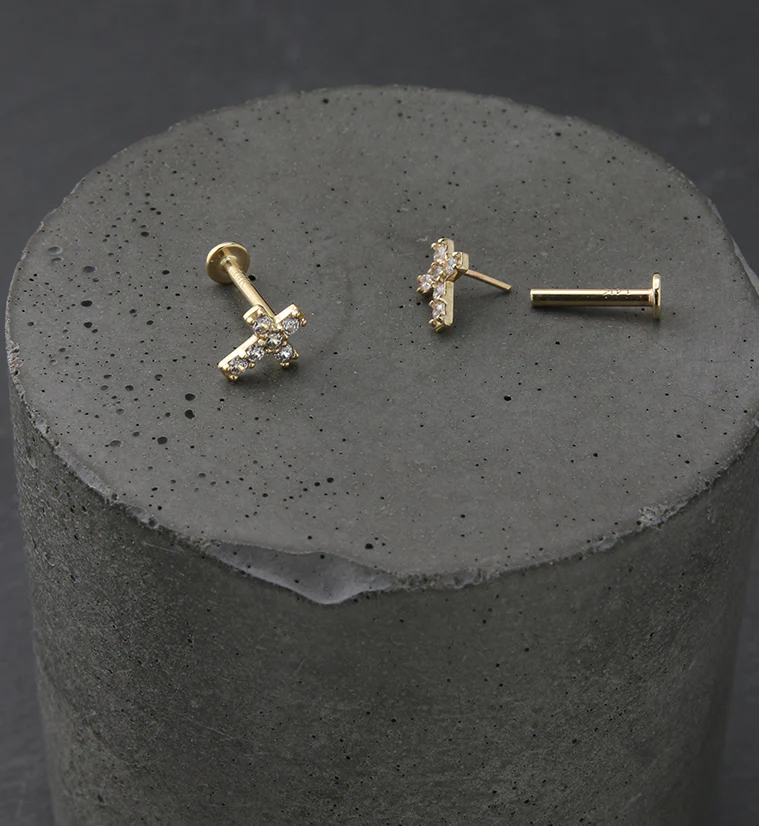 14kt Gold Cross CZ Threadless Labret - Image 2