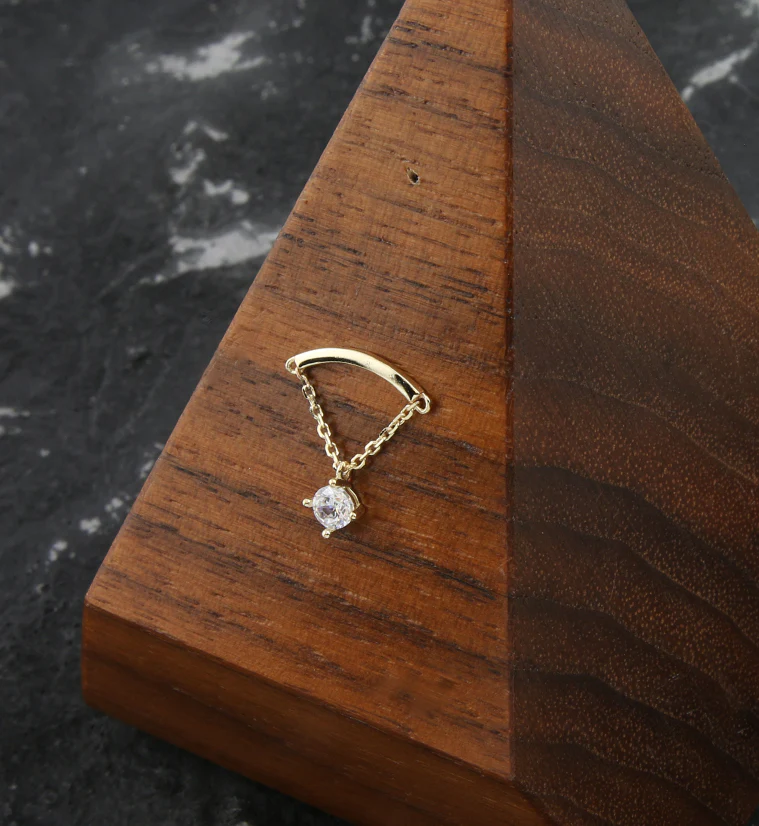 14kt Gold Curve Bar Clear CZ Dangle Chain Threadless Top - Image 2