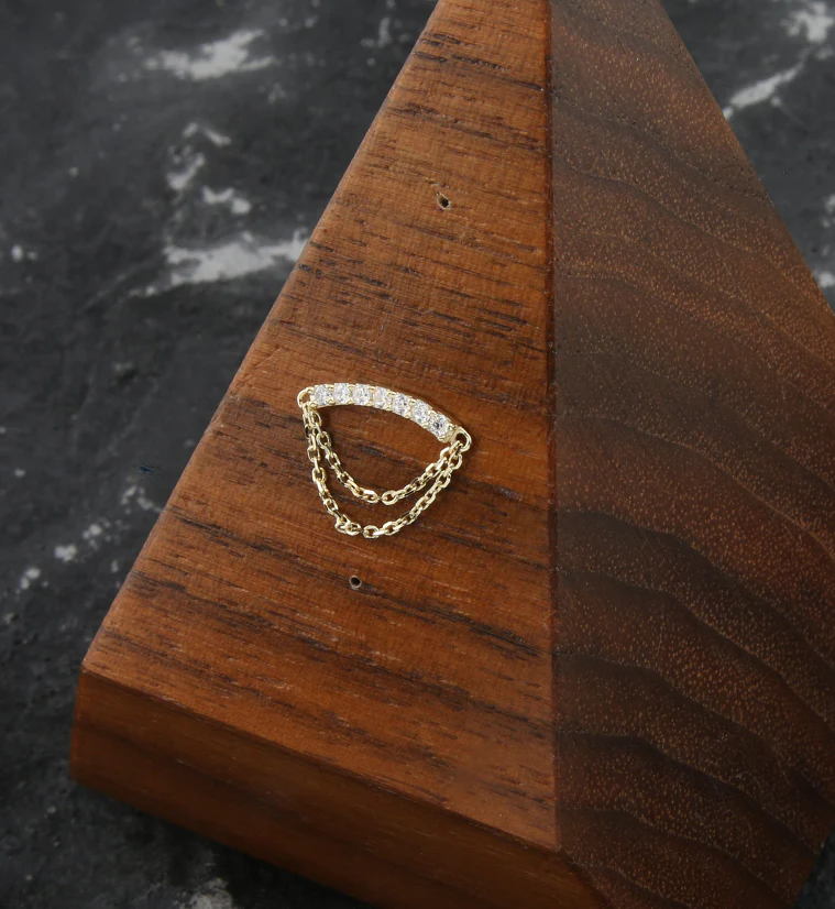 14kt Gold Curve Bar Clear CZ Double Dangle Chain Threadless Top - Image 2