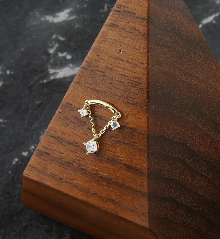 14kt Gold Curve Bar Dangle Triple Clear CZ Threadless Top - Image 2