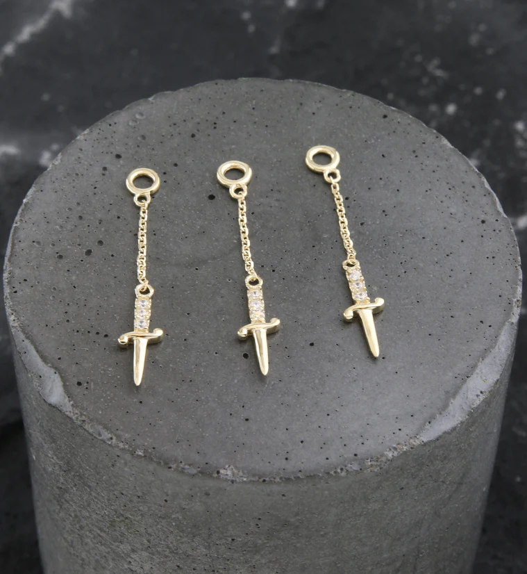 14kt Gold Dagger Clear CZ Dangle Chain Charm - Image 2