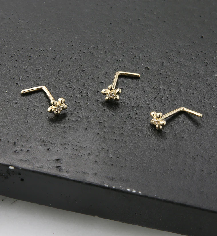 14kt Gold Daisy Clear CZ L Bend Nose Ring - Image 2