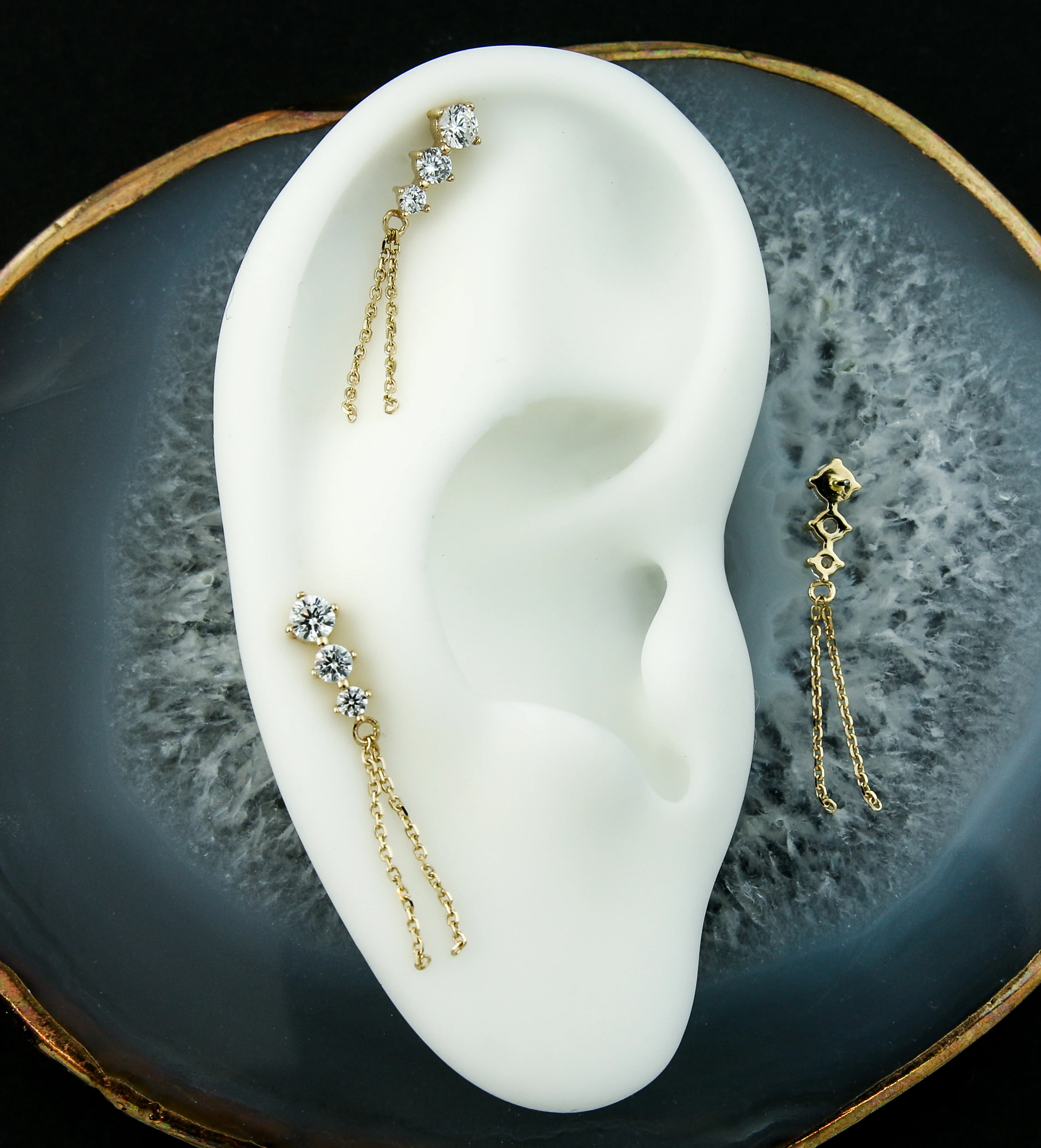 14kt Gold Descending Triple Clear CZ Dangle Chains Threadless Top - Image 2