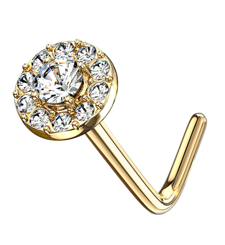 14kt Gold Disk With Clear CZ L Bend Nose Ring