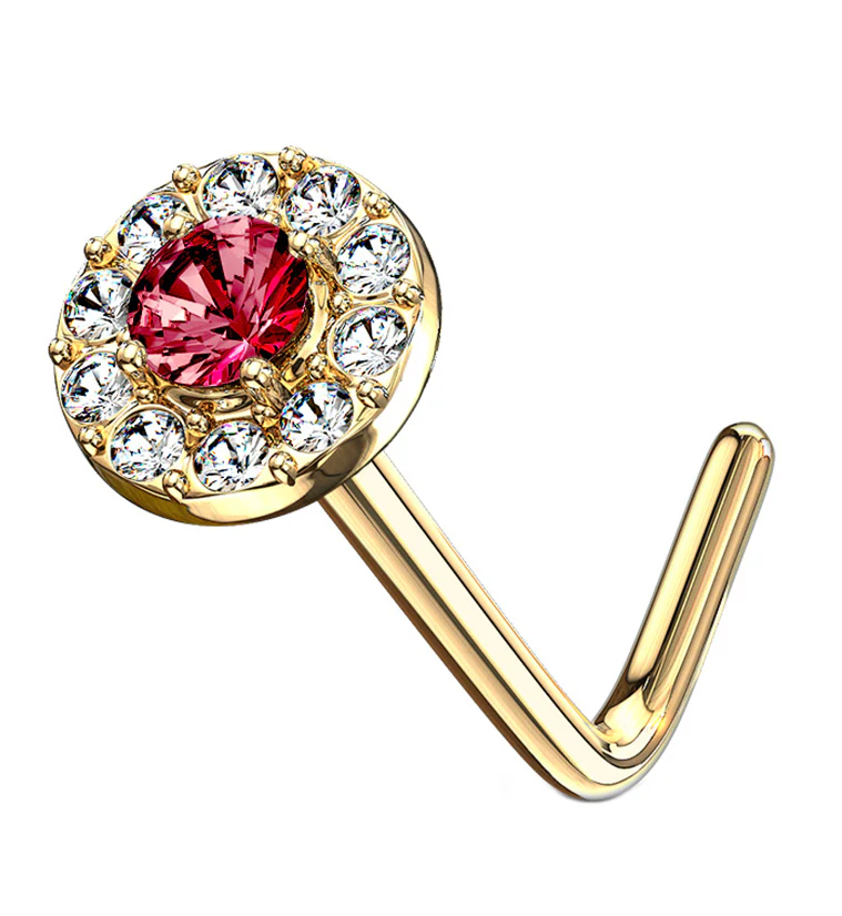 14kt Gold Disk With Red CZ L Bend Nose Ring