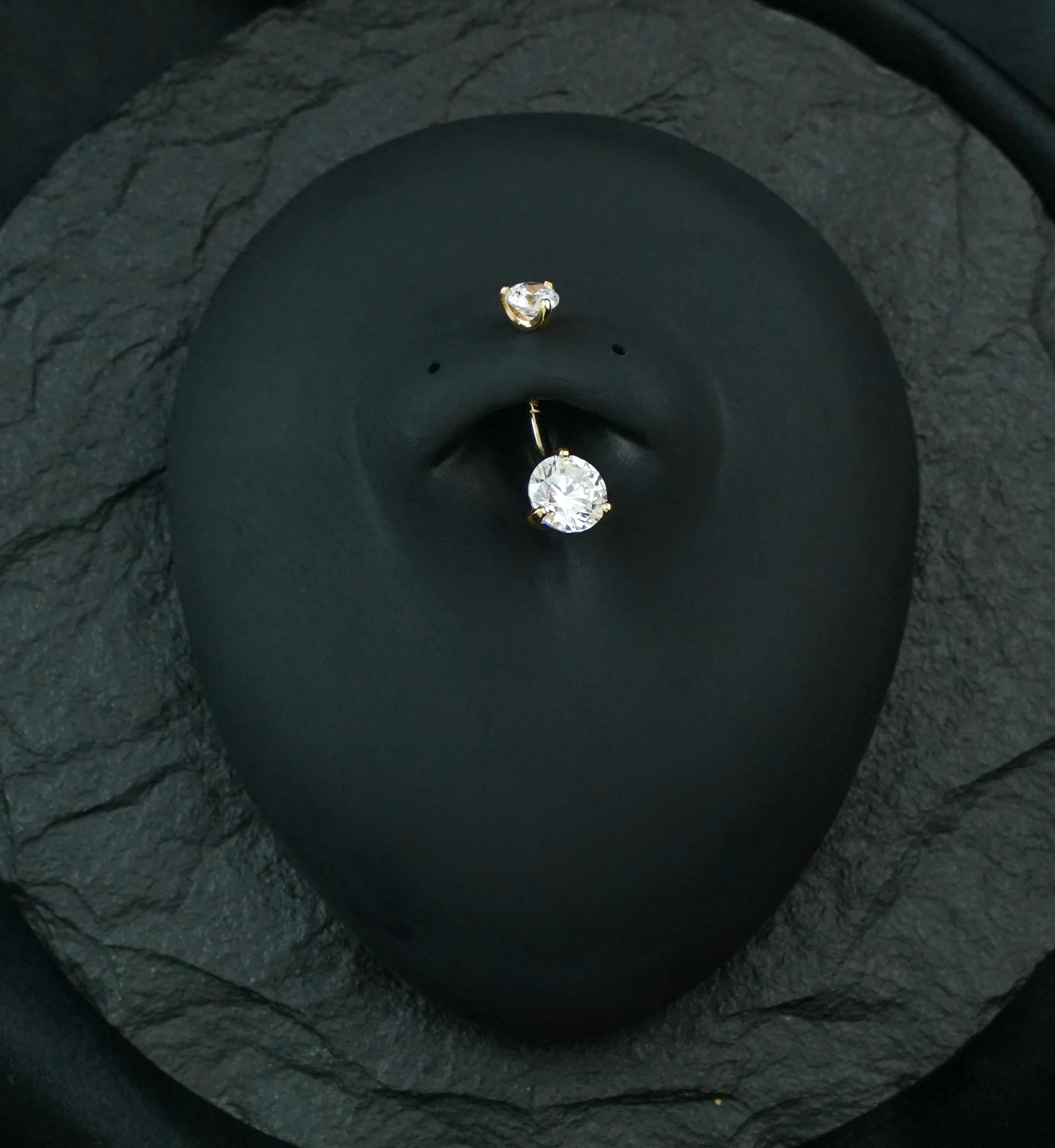 14kt Gold Double Prong Clear CZ Belly Button Ring - Image 2