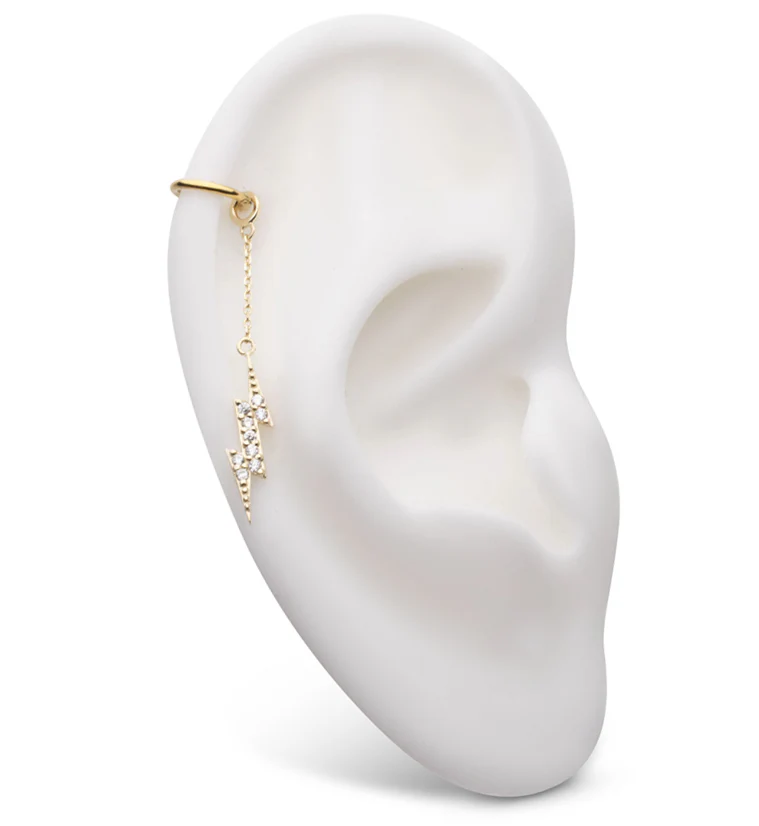 14kt Gold Electric Bolt Clear CZ Dangle Chain Charm - Image 3