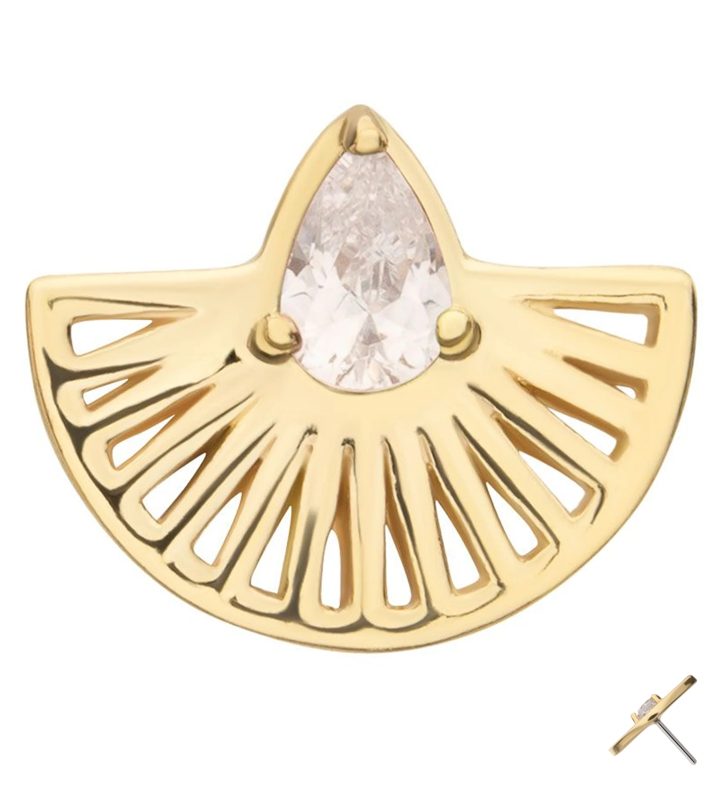 14kt Gold Empire Fan Teardrop Clear CZ Threadless Top